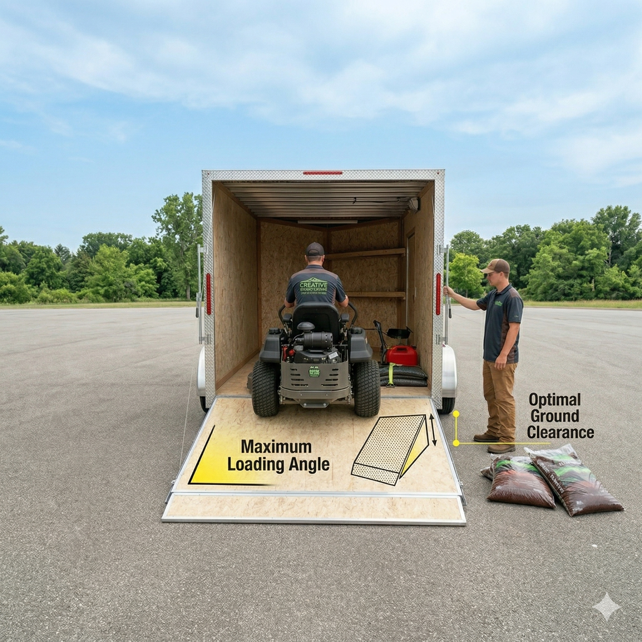 Landscapers loading equipment with the ramp into the Big Buck trailer