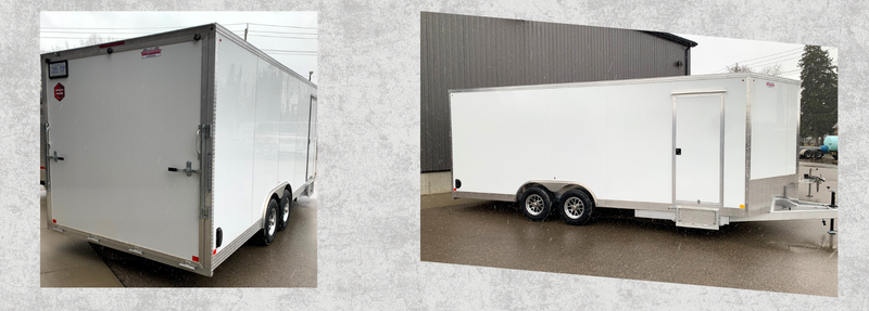 Two white enclosed cargo trailers on a paved lot, shown from rear and side views.