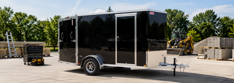 Black enclosed cargo trailer on a paved lot, with construction equipment and pallets in the background.