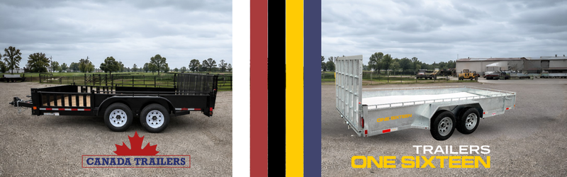 Two utility trailers on a gravel lot: a black dual-axle trailer on the left with Canada Trailers branding and a silver dual-axle trailer on the right with One Sixteen branding, separated by vertical color bars.