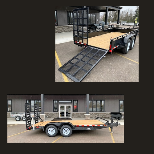 Flatbed trailer with a lowered ramp, parked in a lot, showing a wooden deck and metal rails on a two-axle setup (for equipment transport).