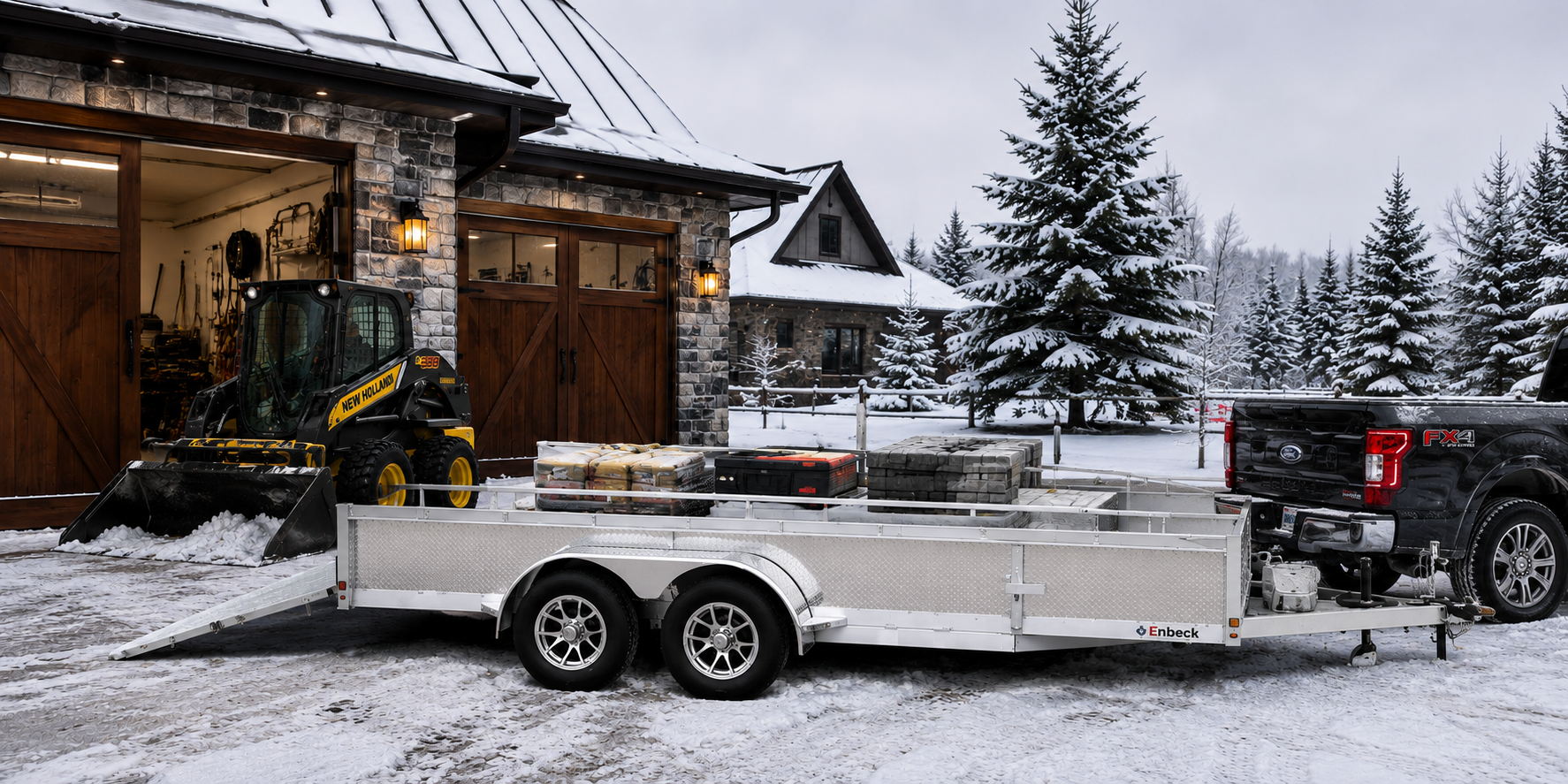 Snowy property scene with a skid steer loader in an open garage and a trailer hitched to a black pickup in front of a stone house.