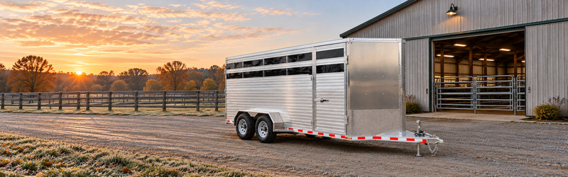 aghaul-livestock-frost-blog-800x250 - McFarlane Trailer Sales Silver livestock trailer on a gravel yard at sunset, with a wooden fence and barn in the background.