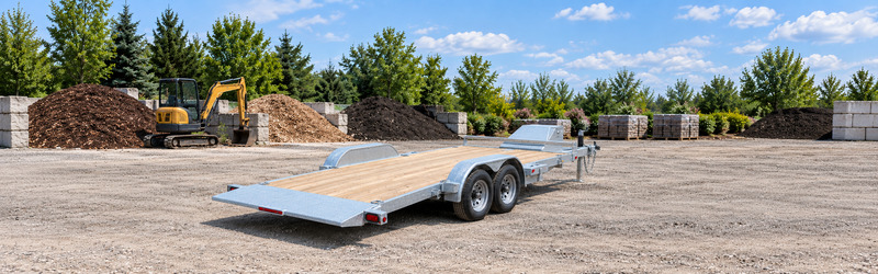 Wide gravel lot with a double-axle flatbed trailer, a small excavator, and piles of dirt and stacked blocks under a blue sky.
